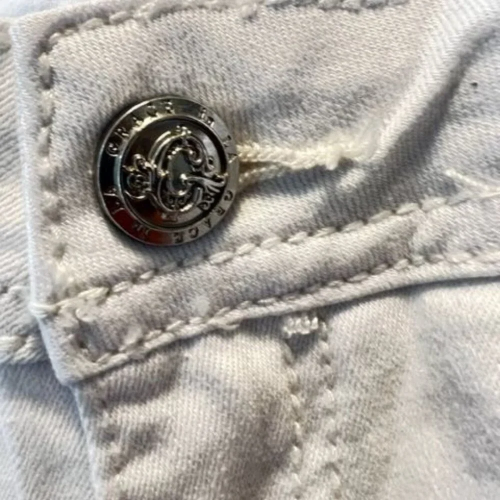 Grace Jeans Embroidered White Denim Easy Fit Frayed Hem Floral Design Womens Pan